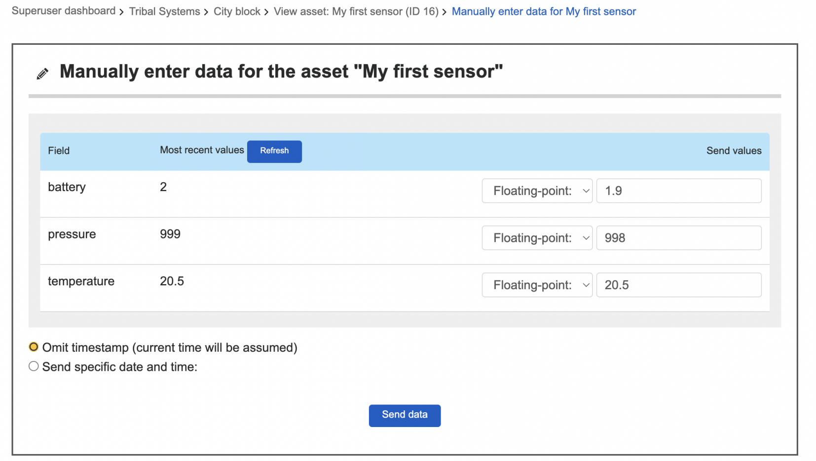 Simulating sensor data using manual entry